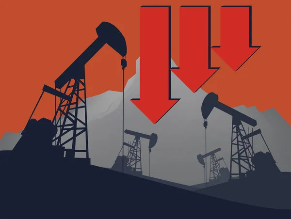 用下箭头表示的石油泵 石油钻机 能源工业机 意为油价下跌 — 图库矢量图片