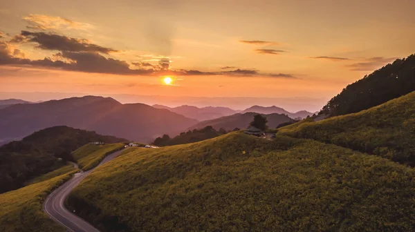 Пейзаж Горы Высоты Птичьего Полета Сумерки Время Цветения Природы Tung — стоковое фото