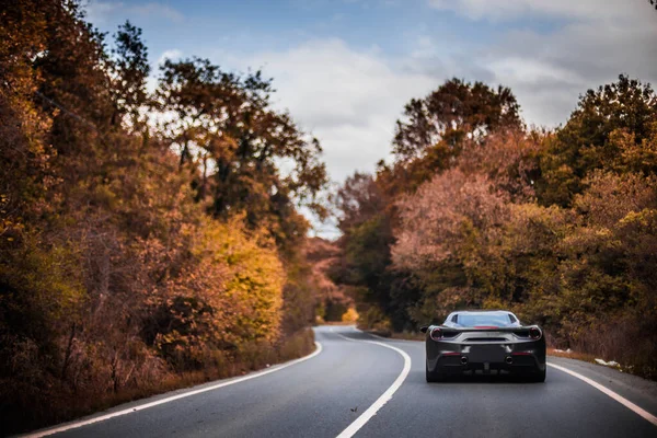 Carro esporte modelo prata na estrada da floresta — Fotografia de Stock