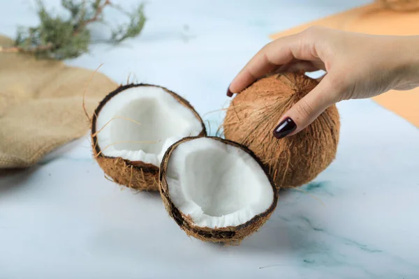 Segurando uma fruta de coco inteira na mão sobre fundo azul — Fotografia de Stock