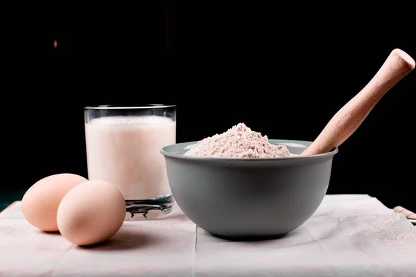 Pastry ingredients, milk, eggs and flour — Stock Photo, Image