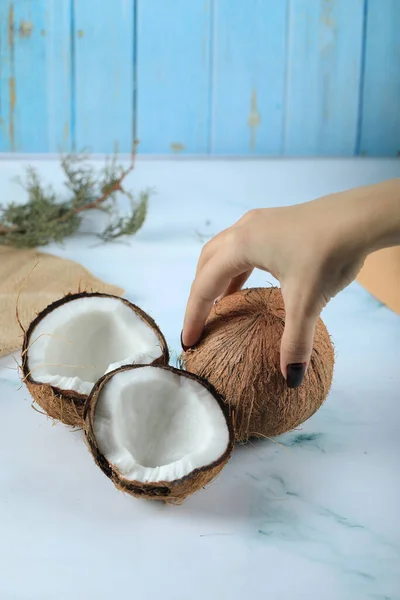 Unter einer haarigen braunen Kokosnuss von Hand isoliert auf blauem Hintergrund — Stockfoto