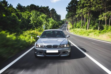 Ormanda gümüş renkli bir sedan araba.