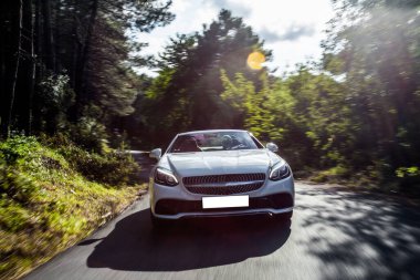 Beyaz spor sedan doğada park modunda