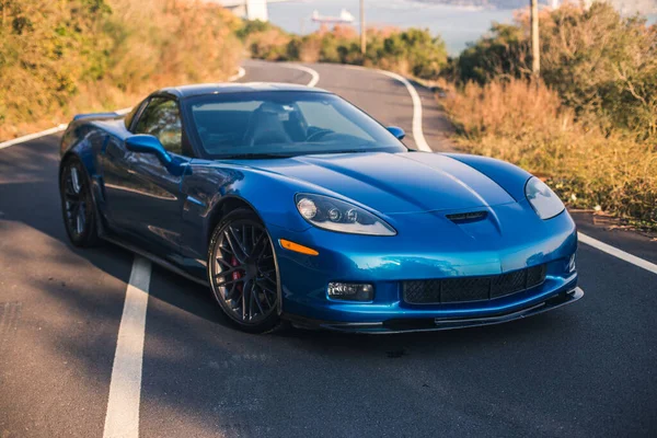 Coche modelo deportivo de marca azul estacionado en el bosque — Foto de Stock