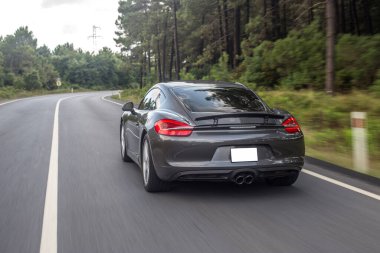 Gri renkli süper araba orman manzaralarında hareket ediyor.