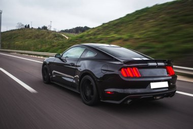 Yeşil manzarada beyaz çizgili siyah bir sedan.