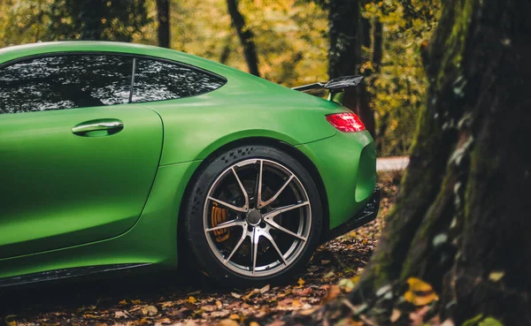 Grüner Sportwagen unter einem Herbstbaum im Wald — Stockfoto