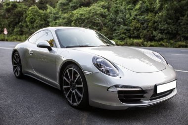 Gümüş renkli sedan, hızlı ve hareketli. Yağmur ormanlarında otoyolda.