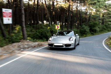 Gümüş spor model yarış arabası Sonbahar ormanında, ön manzara