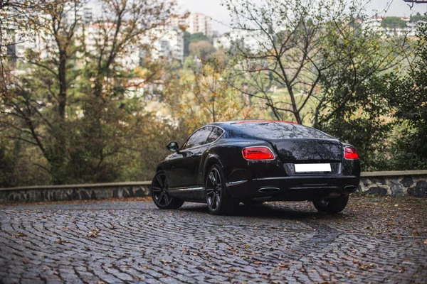 Coche negro en el jardín de verano sobre asfalto — Foto de Stock