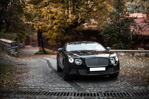 Negro coche moderno en el parque de otoño en el campo — Foto de Stock