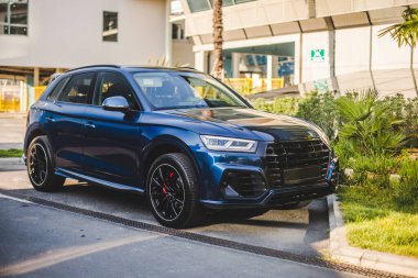 Mavi spor arazi aracı, yeşil çimlerin üzerine park edilmiş.