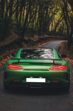 Yeşil spor model sedan sonbahar ormanlarında seyahat ediyor.