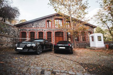 Tarihi bir binanın veya özel bir mülkün bahçesinde siyah bir sedan araba.
