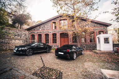 Sonbaharda bahçedeki bir malikanenin önünde siyah bir araba.