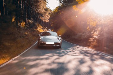 Gümüş spor model yarış arabası Sonbahar ormanında