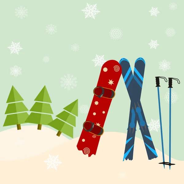 Esquis e snowboard ficam fora da neve antes de um abeto - invitatio — Vetor de Stock