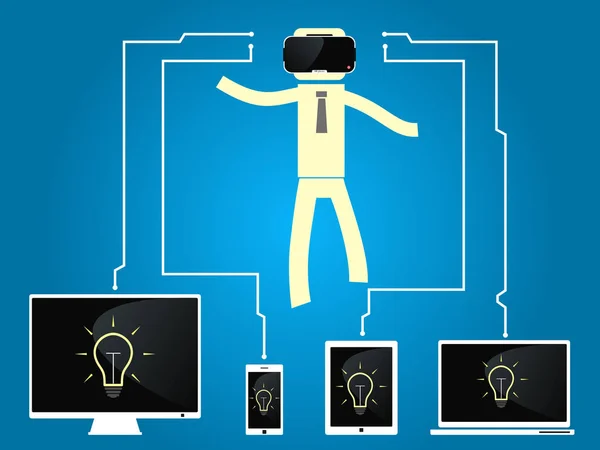 Homem com óculos de realidade virtual estão conectados a dispositivos — Vetor de Stock