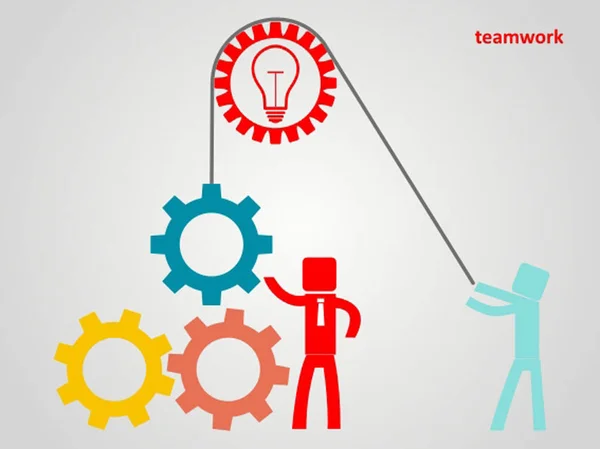 Teamwork concept - an employee raises a gear on a rope — Stock Vector