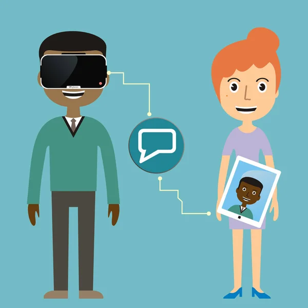 Homens se comunicam com amigos usando óculos de realidade virtual —  Vetores de Stock
