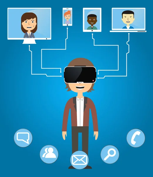 Les hommes communiquent avec des amis en utilisant des lunettes de réalité virtuelle — Image vectorielle