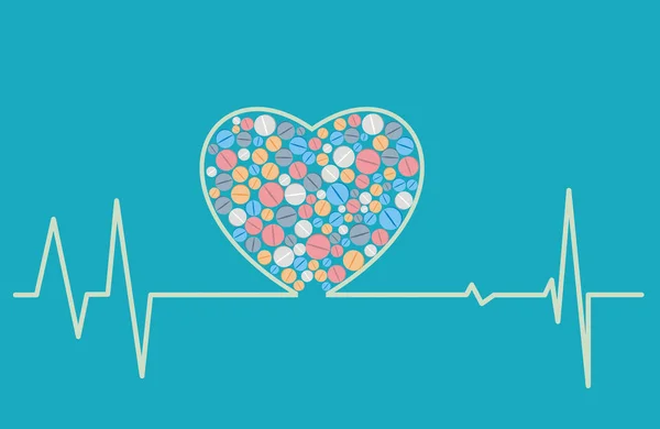 Gesundheitskonzept - ein herzförmiges Kardiogramm enthält Tabletten — Stockvektor