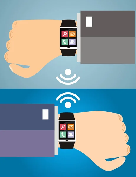 Two hands with a smart watch displaying a web icons. Concept of