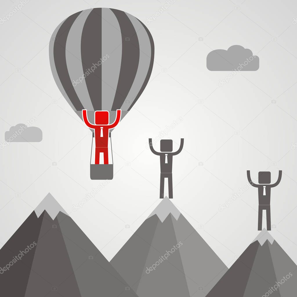 Businessman in balloon fly pass his competitor. Business idea co