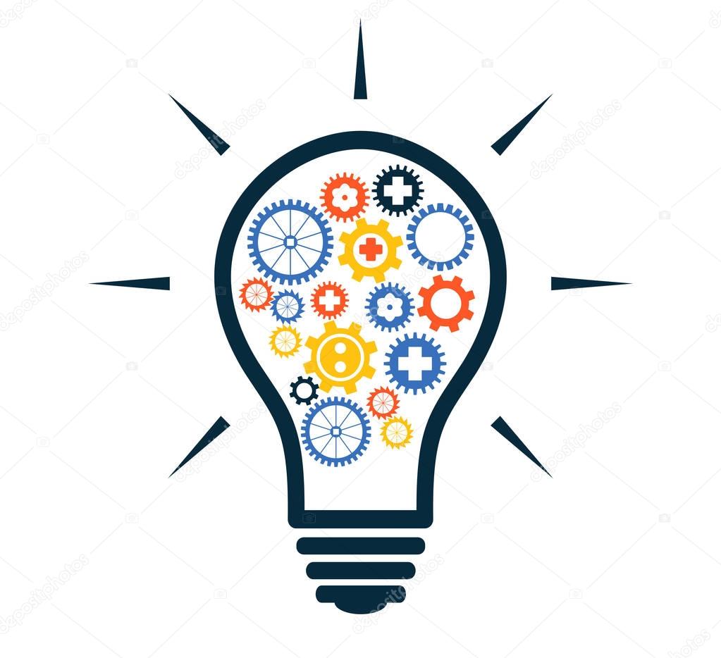 Simple light bulb conceptual icon with colorful gears inside. Ve