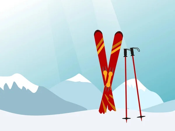 Mountain landscape, with red skiing equipment in front, vector i — Stock Vector