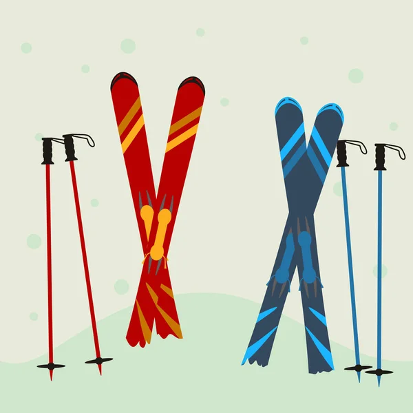 Red and blue ski equipment in the snow. Winter background. — Stock Vector