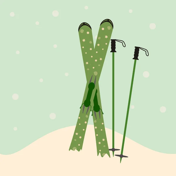Zelená lyže a Lyžařské hůlky ve sněhu — Stockový vektor
