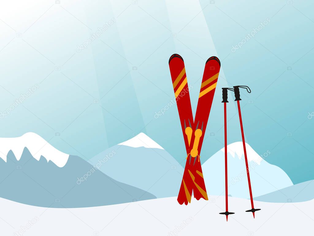 Mountain landscape, with red skiing equipment in front, vector i