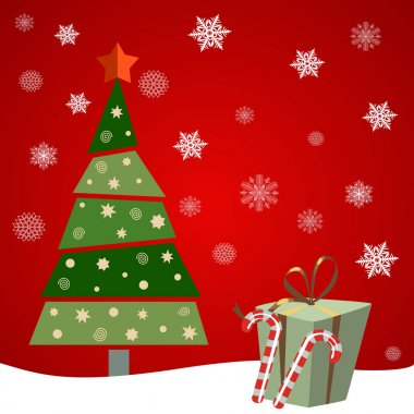 Hediyeler ve candys ile Noel ağacı. Kırmızı bir arka plan