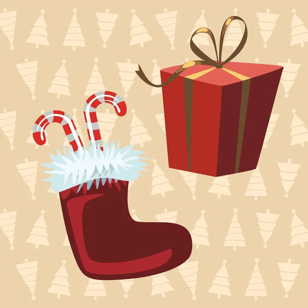 Botas de Santa Claus y regalo rojo, fondo amarillo con navidad — Archivo Imágenes Vectoriales
