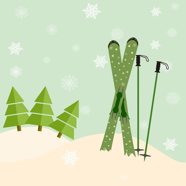 Ski's stok uit sneeuw voor een spar. uitnodiging voor de ski re — Stockvector