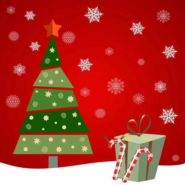 Weihnachtsbaum mit Geschenken und Süßigkeiten. roter Hintergrund — Stockvektor