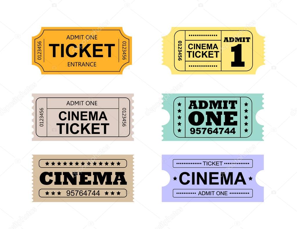 Set of colorful retro cinema tickets on the white background.
