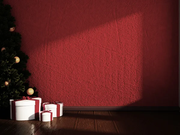 Kerstboom met giften op de kamer, 3d — Stockfoto