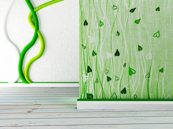 Lege ruimte met de groene decor op de muur. 3D — Stockfoto