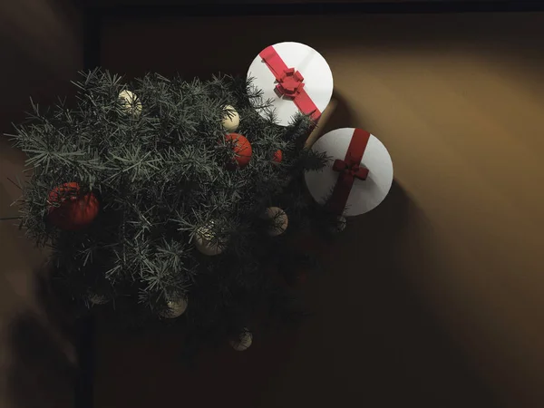 Árbol de Navidad con regalos en la habitación, 3d — Foto de Stock