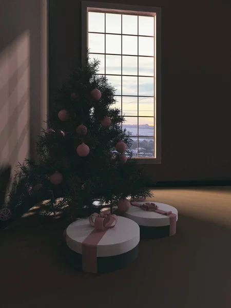Weihnachtsbaum mit Geschenken im Zimmer, 3d — Stockfoto