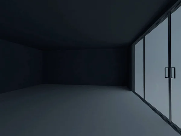 Chambre noire vide avec les grandes fenêtres, 3d — Photo