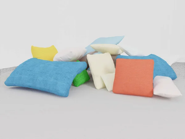 Many colored pillows on the floor, 3d — Stock Photo, Image