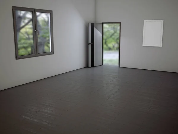 Quarto vazio com a porta e uma janela, 3d — Fotografia de Stock