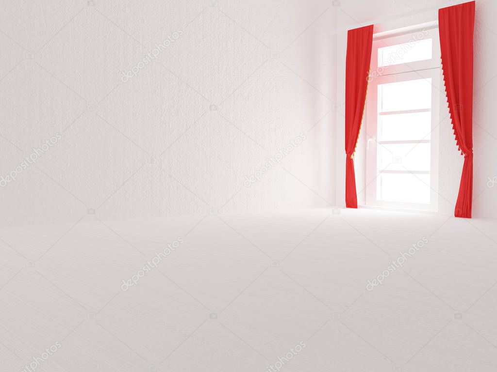 empty  room with the window and the red curtains, 3d