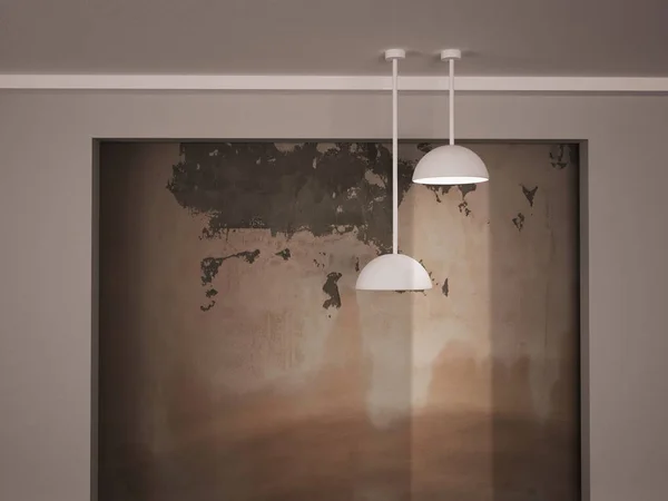 Zwei Lampen in der Nähe der Grunge-Wand, 3D — Stockfoto