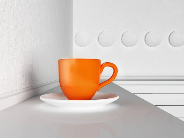 Orangefarbene Tasse auf dem weißen Tisch, 3d — Stockfoto
