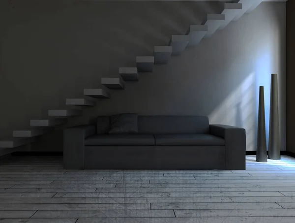 Pokoj v barvách šedé, vykreslování 3d objektů — Stock fotografie
